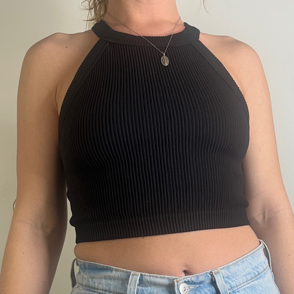 Aerie black ribbed halter neck crop top